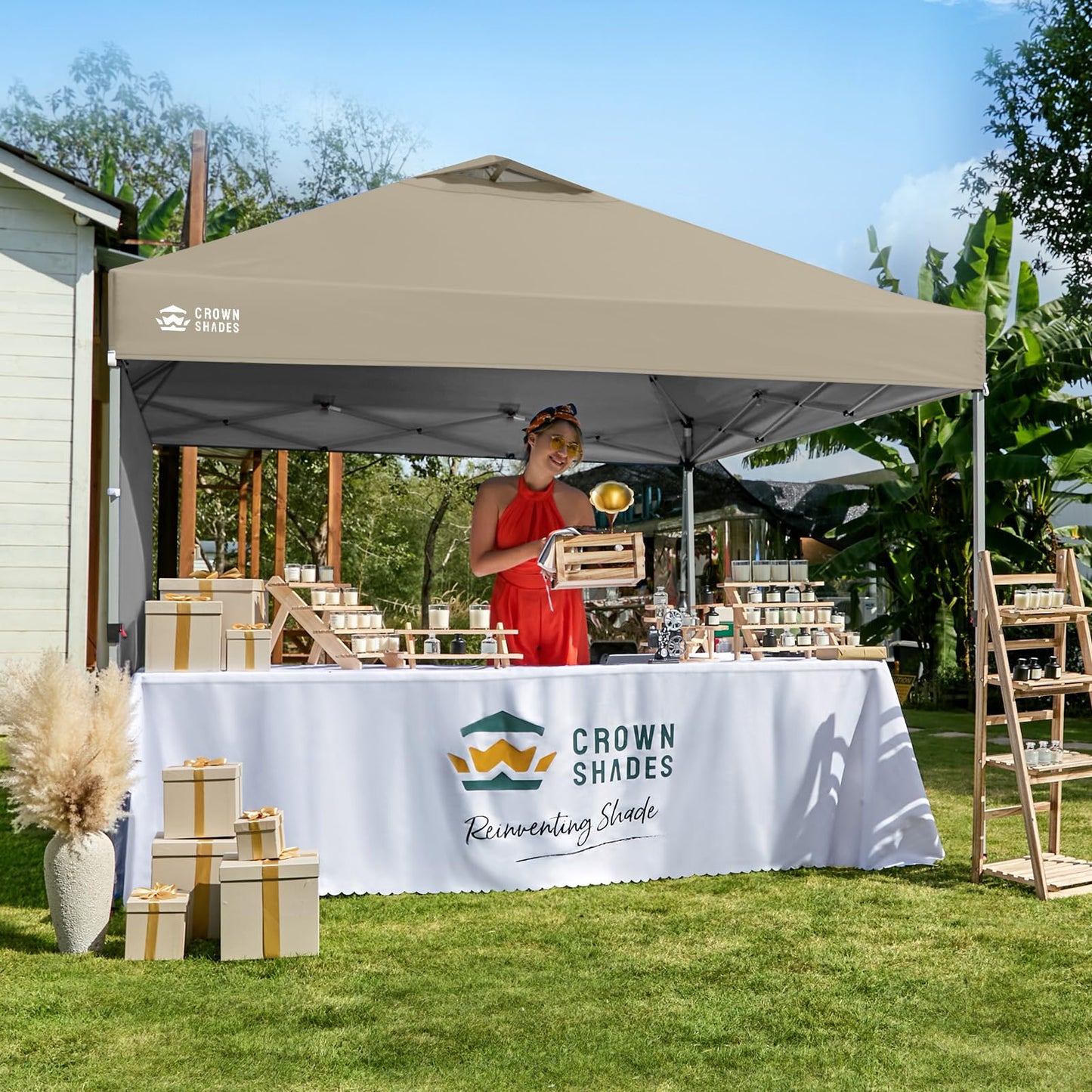 CROWN SHADES 10x10 Pop Up Canopy with 1 Side Wall - Beach Tent with One Push Setup - Outdoor Sun Shade for Events, Parties, Camping - Gazebo with STO-N-Go Cover Bag (Beige)