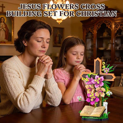 Jesus Cross Flowers Building Blocks Set Religious Crucifix Compatible with Jesus Building Toy for Decor Catholic Bible Building Toys Christmas Easter Gift for Christian Adults Boys Girls 363PCS