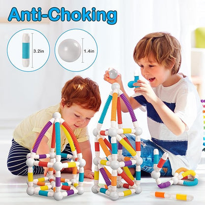 Magnetic Building Blocks Construction Set 66 Pieces Educational STEM Toy with Flexible Tubes and Connectors (66PCS)