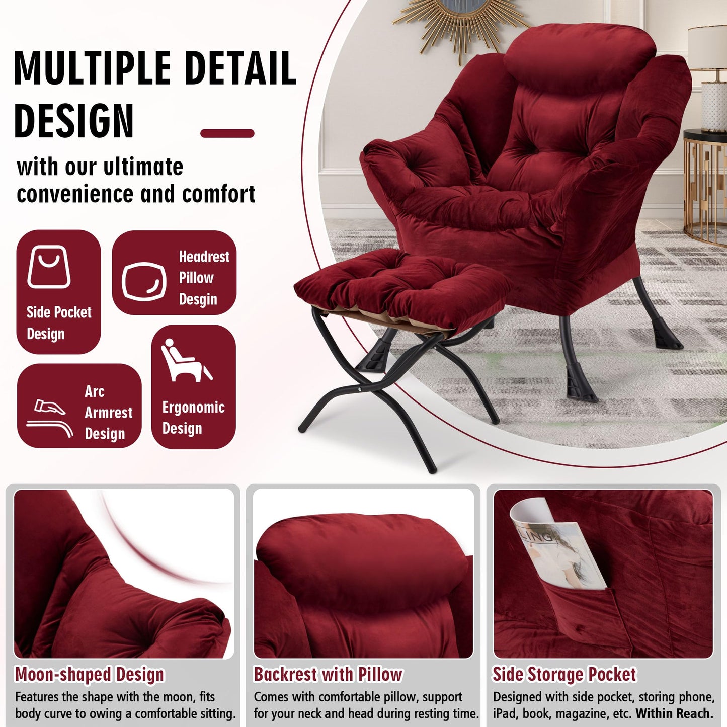 Avocahom Accent Lazy Chair with Ottoman,Leisure Sofa Armchair with Footrest,Oversized Reading Chair for Bedroom,Dorm Room,Living Room,Courtyard,Office,Dusty Rose