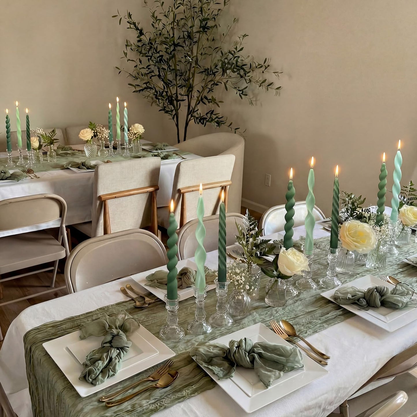 Nuanchu 12 Pcs Sage Green Spiral Taper Candles Teal Twisted Wax Candlesticks 7.5 Inch Short Green Spiral Wax Scented Taper Candles for Wedding Bridal Shower Birthday Party Dinner Table Centerpiece
