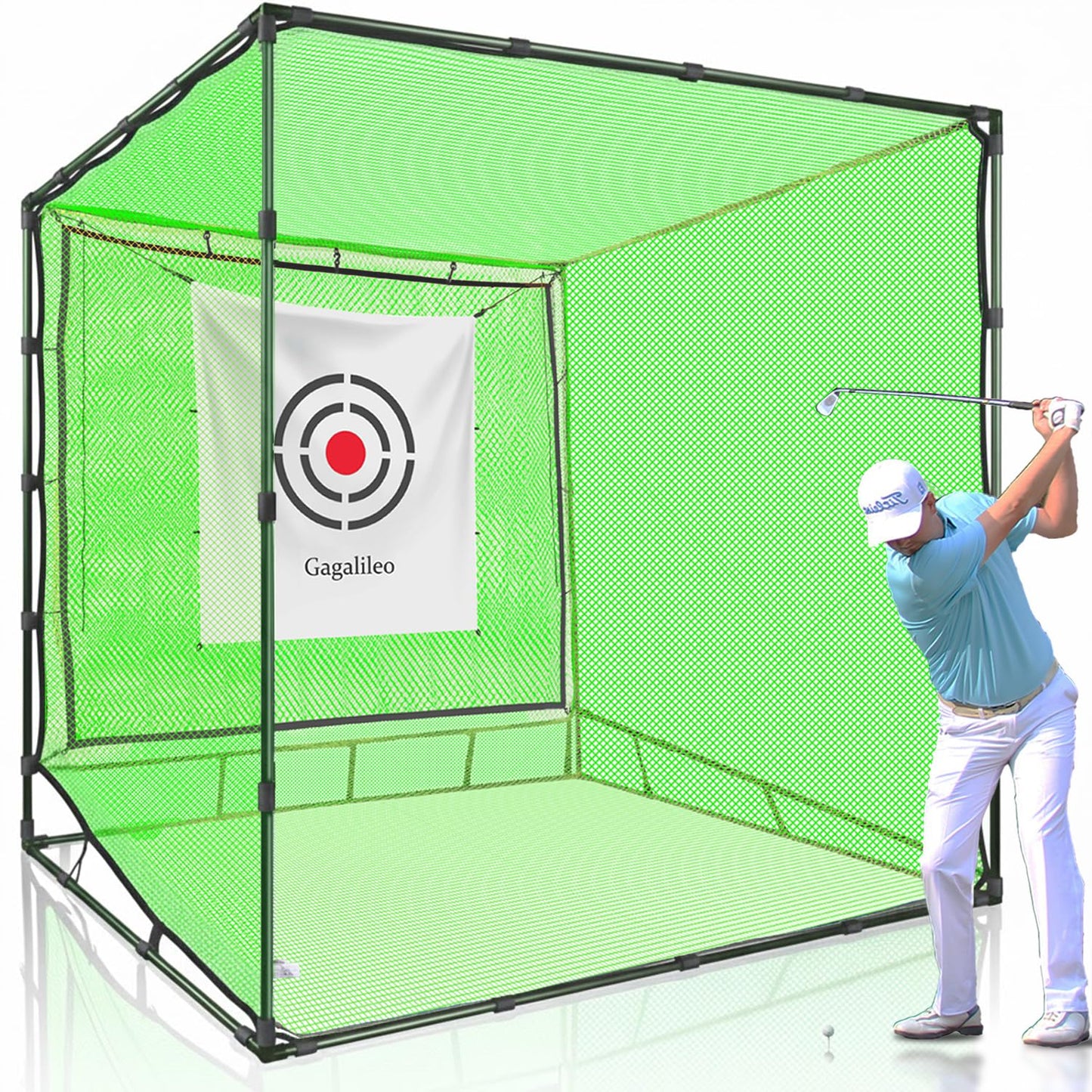 Gagalileo Golf Driving Cage Net: Heavy Duty 1 in Steel Frame - Noise Reduction Target for Backyard Garage Indoor Simulator - 10x10x10 FT High Density Hitting Swing Practice with Bottom