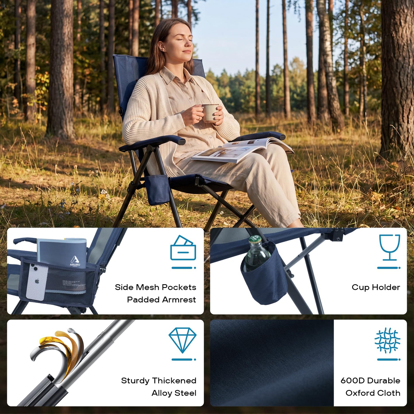 ARURU Reclining Camping Chair for Adults Heavy Duty, Folding Recliner Lawn Chairs with 6-Positions Adjustable High Back, Portable Patio Lounge Chairs for Outdoor Poolside Sports Beach