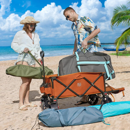 Timber Ridge 47" L Collapsible Wagon with Tailgate & Brake, 300 lbs Heavy Duty Beach Wagon with All-Terrain Big Wheels, 250L Foldable Utility Cart for Sand Camping Sports Shopping, Orange