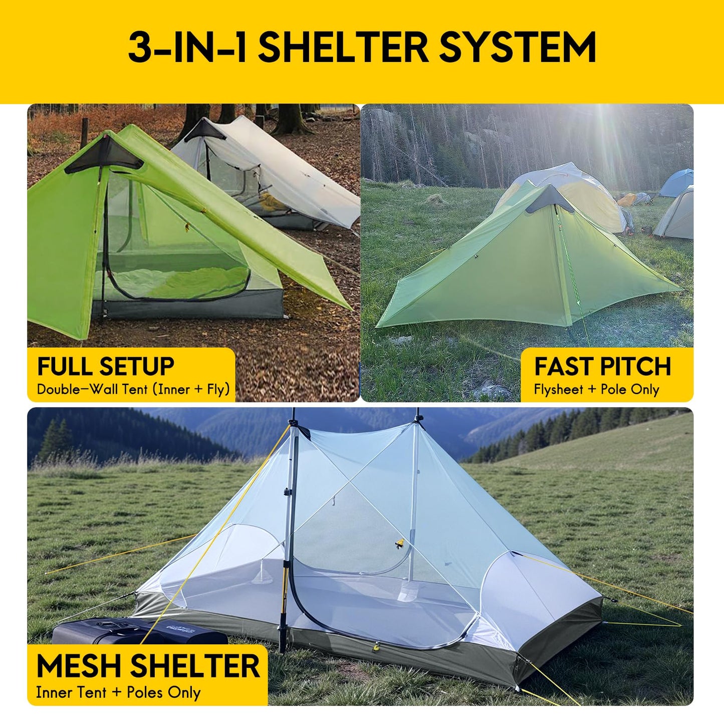 LANSHAN Ultralight Tent 3-Season Waterproof Backpacking Tent for 2 Person Camping, Climbing, Hiking, Travelling, Mountaineering, 2-Person, Green