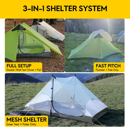 LANSHAN Ultralight Tent 3-Season Waterproof Backpacking Tent for 2 Person Camping, Climbing, Hiking, Travelling, Mountaineering, 2-Person, Green