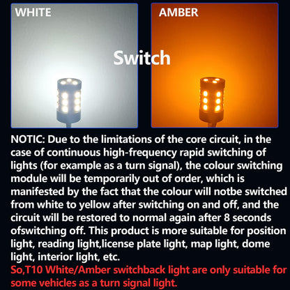 Fenikso LED Light Bulb 42SMD Switchback W5W T10 White/Amber for Car Dome Map License Plate Dash Instrument Lights 2Pcs