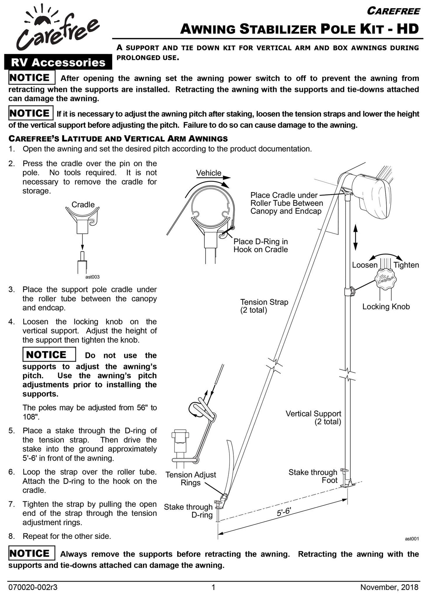 Carefree Of Colorado HD Awning Stabiliz'r Pole Kit - Awning Pole & Tie Down Kit - RV Awning Support & Accessories (108" Extended Length)