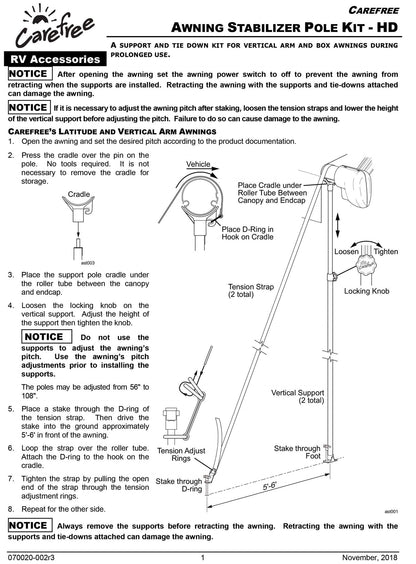 Carefree Of Colorado HD Awning Stabiliz'r Pole Kit - Awning Pole & Tie Down Kit - RV Awning Support & Accessories (108" Extended Length)