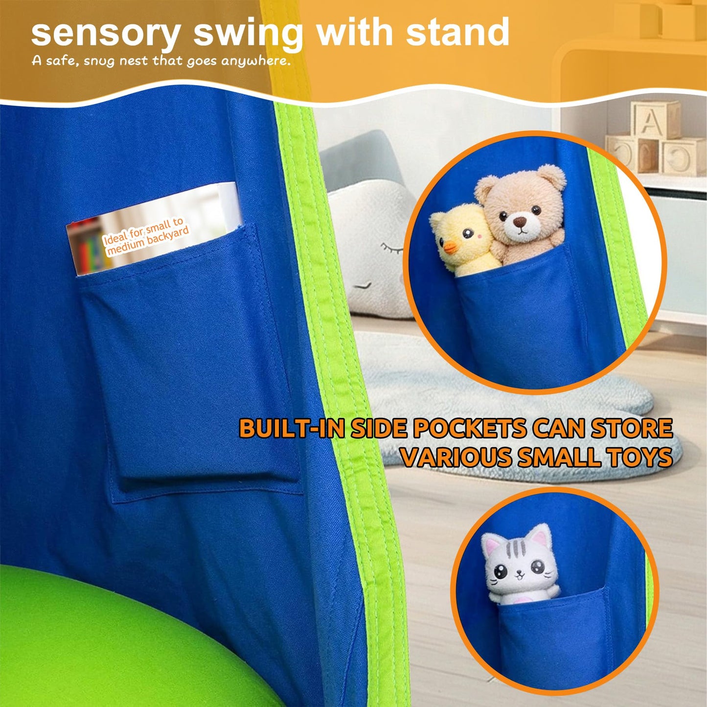 SMkidsport Heavy Duty Sensory Swing Frame for Kids - Indoor Outdoor Metal Stand with Cotton Pod Swing - 200LBS Capacity Blue Therapy Swing for Autism, ADHD, Special Needs - Easy Install ﻿