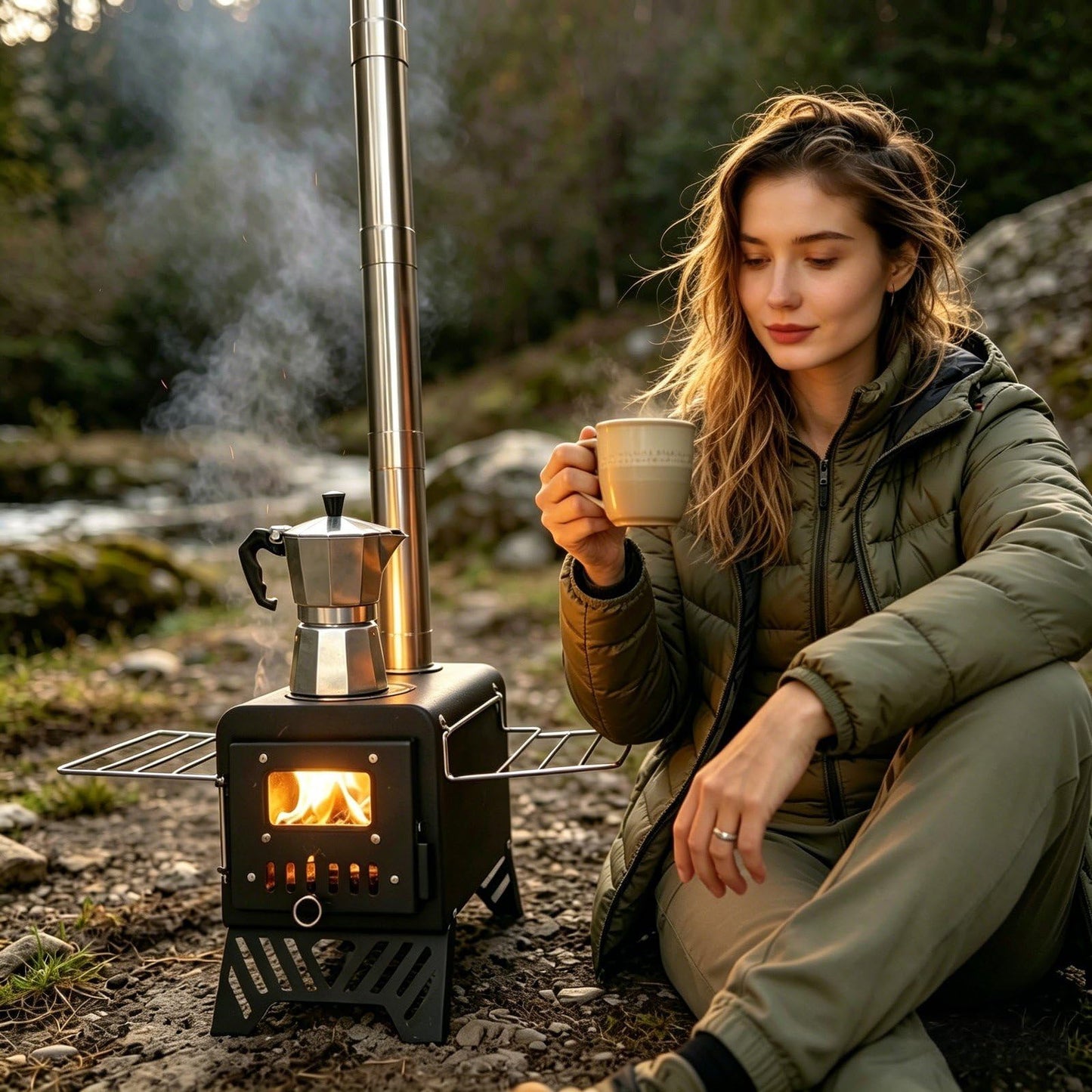 steladomus 4.66ft Mini Wood Burning Stove Kit with Fire Mat, Hook, Window and Chimney, Portable Camping Stove Compact into Car Trunk and Carriable with Side Racks for RV Trip and Outdoor Gatherings