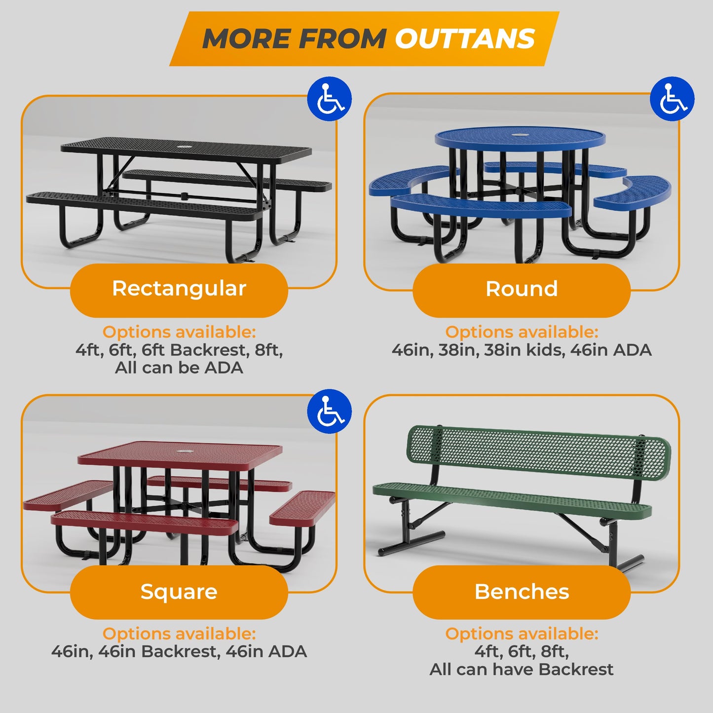 OUTTANS Heavy-Duty Outdoor Metal Bench, Thermoplastic-Coated, Portable, Weatherproof, Commercial-Grade for Parks, Gardens, Patios, Stores & More (8 Ft - Portable, Blue)