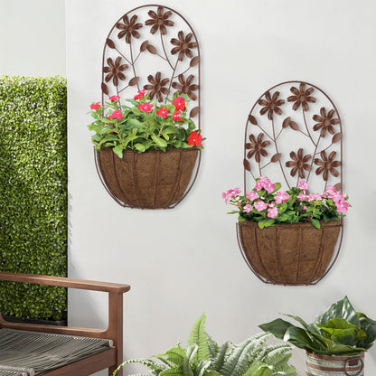 BAYN 2PKs Wall Hanging Planter Decor Art with Flower, Metal Wall Mounted Planters Indoor Outdoor Wall Planter for Succulent Herb Home Garden Yard