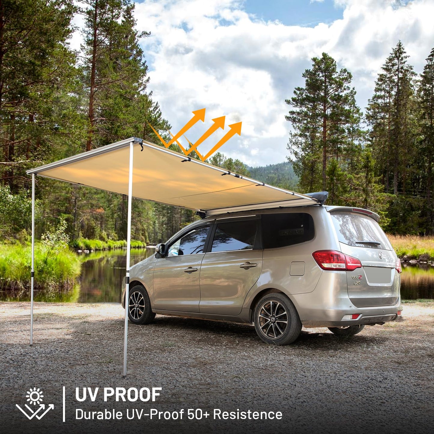 Timber Ridge Car Awning Camper Awning 8.2X6.5ft Truck Tent Waterproof PU10000mm UV50+ Rooftop Overland Camping, Retractable Side Tent Shade for Car/SUV/Truck/Van, Beige