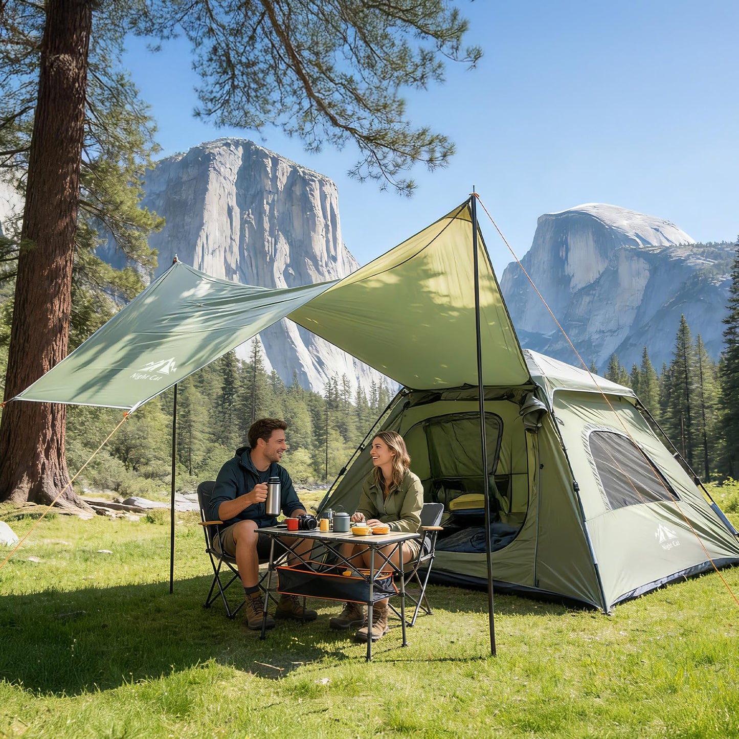 Night Cat 3-Person Camping Tent: Waterproof Instant Cabin Tent with Canopy Tarp for Family, 2-in-1 Canopy Tent with Porch Easy Setup