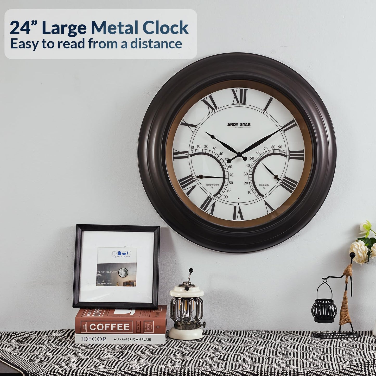ANDY STAR 24 Inch Outdoor Clocks Waterproof,Large Outdoor Wall Clocks for Patio with Thermometer, Weatherproof Illuminated Clock Battery Operated with Thermometer&Hygrometer,Oil Rubbed Bronze Black