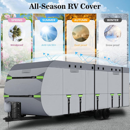 8 Layers Travel Trailer Cover Windproof Waterproof Rip-Stop RV Covers with Adhesive Repair Patches, 2Pcs Extra Straps & 4 Tire Covers (Fit 24-27FT)