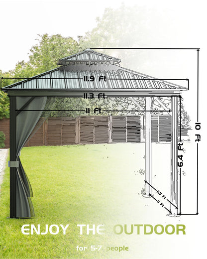 12'X12' Hardtop Gazebo, Outdoor Double Roof Galvanized Steel Gazebo, Aluminum Heavy-Duty Steel Top Canopy with Mosquito Net & Privacy Curtain for Patio, Porch, Garden, Lawn, Deck, Backyard,Gray