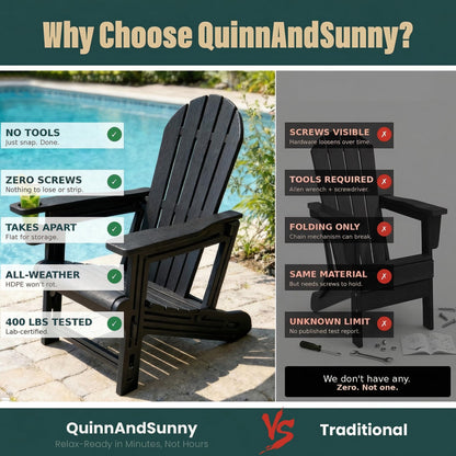 Adirondack Chair with Cup Holder,Tool-Free Assembly,No Screws Needed,All-Weather HDPE Plastic Outdoor Patio Chair,Wood-Grain Slatted Look,Easy to Take Apart for Storage,Fire Pit Chairs(Classic Black)