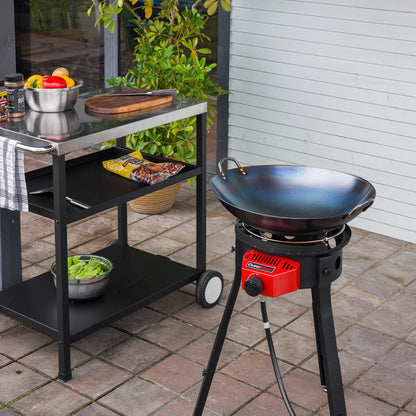 Outdoor Cooker with Iron Wok and Propane Burner, 54,000 BTU High-Pressure Gas Stove with Electronic Ignition & Adjustable Support Stand for Backyard BBQ, Tailgating, Outdoor Cooking