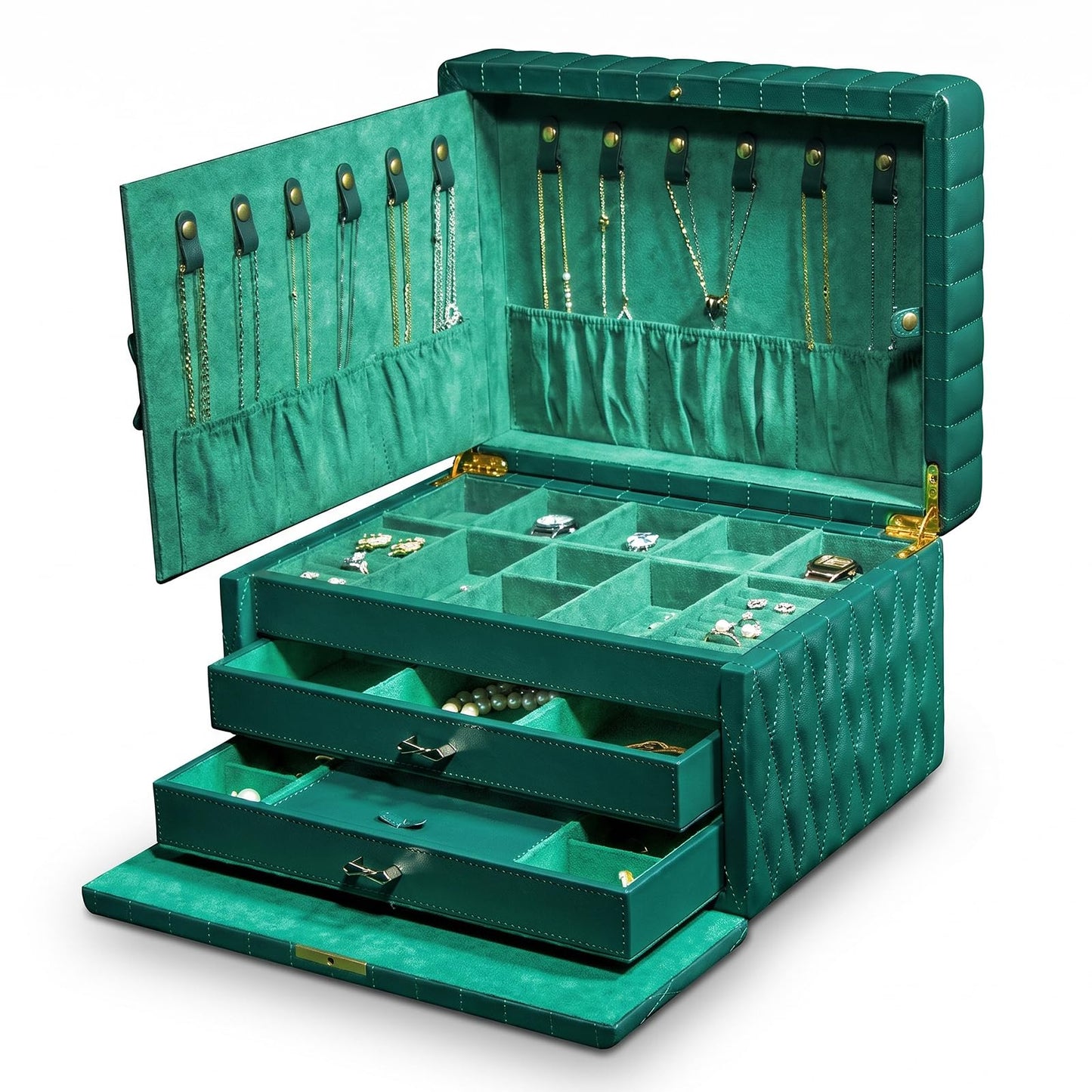 Homruilink Genuine Leather Jewelry Box – 3 Layer Large Jewelry Organizer with Mirror, Lockable Jewelry Box for Women – Necklace, Ring, Earring Organizer with Drawer - Fathers Day Gift for Dad (Green)
