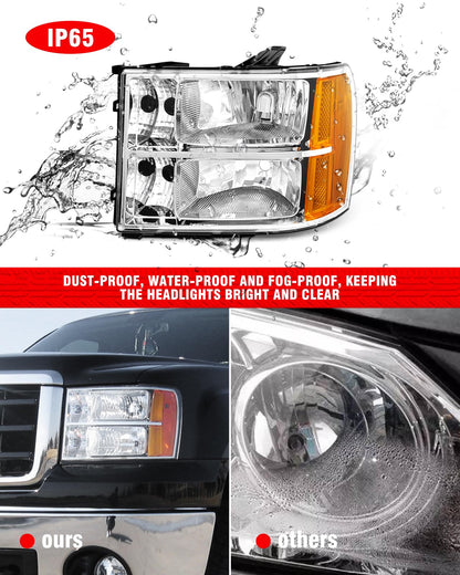 Headlight Assembly compatible with 07-13 GMC Sierra 1500/07-14 GMC Sierra 2500HD 3500HD for 2007-2014 Sierra Headlamp Chrome Housing Headlamp Replacement Driver and Passenger Sides（W/O Bulbs）