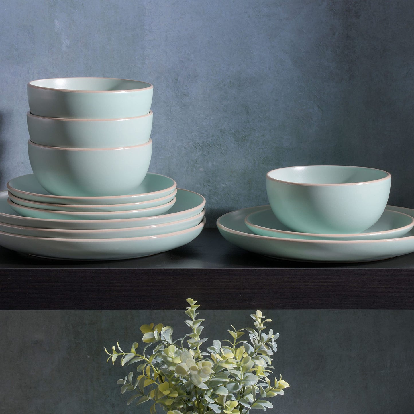 Gibson Home Queenslane 16 Piece Double Bowl Plates and Bowls Dinnerware Sets - Matte Blue