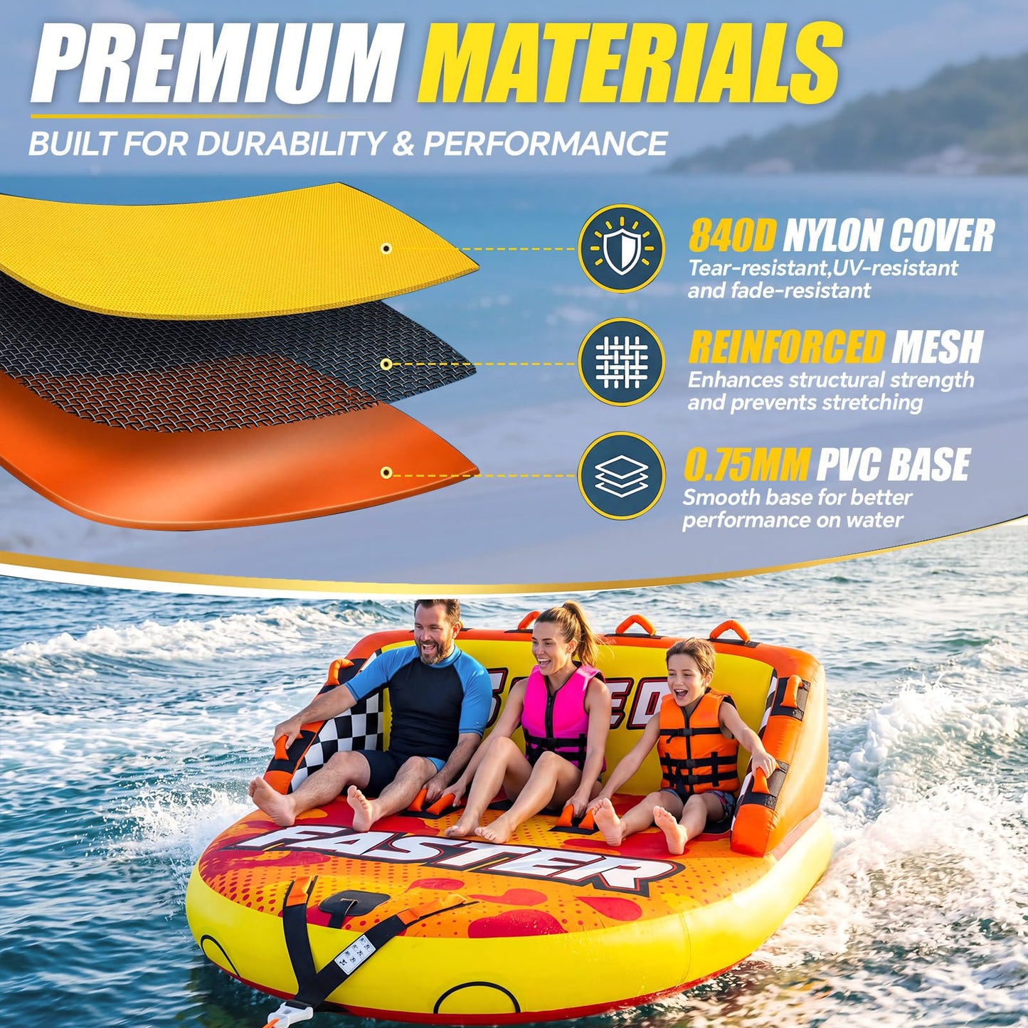 ZeahVeyora Towable Tube for Boating,1-3 Rider Mable Style Inflatable Water Tube with Storage Bag,Tow Rope & UL Certified Electric Air Pump,Full Nylon Cover,Dual Tow Point, Quick Inflation & Deflation