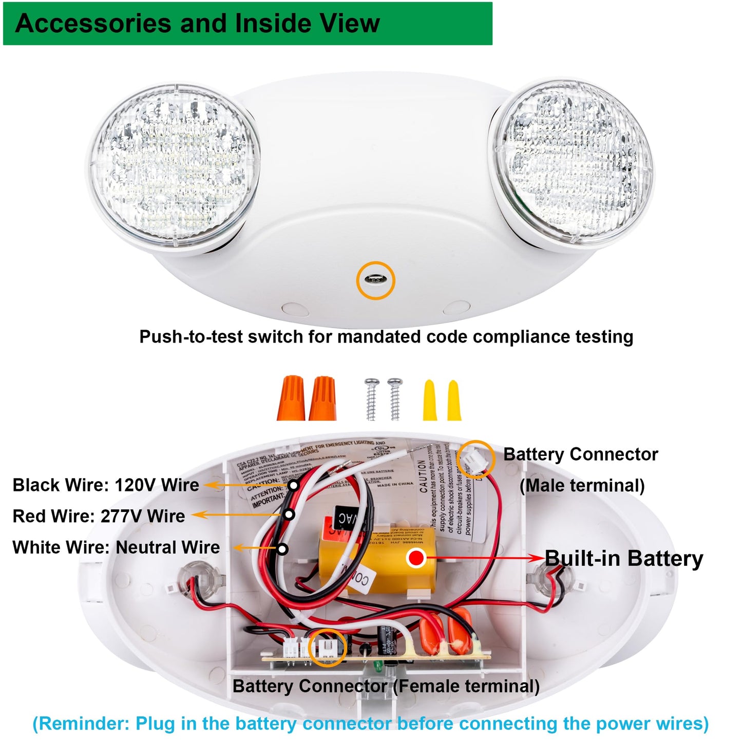 LIT-PaTH LED Emergency Lighting Fixtures with 2 LED Bug Eye Heads and Back Up Batteries- US Standard Exit Light, UL 924 and CEC Qualified, 120/277 Voltage, White, 6-Pack