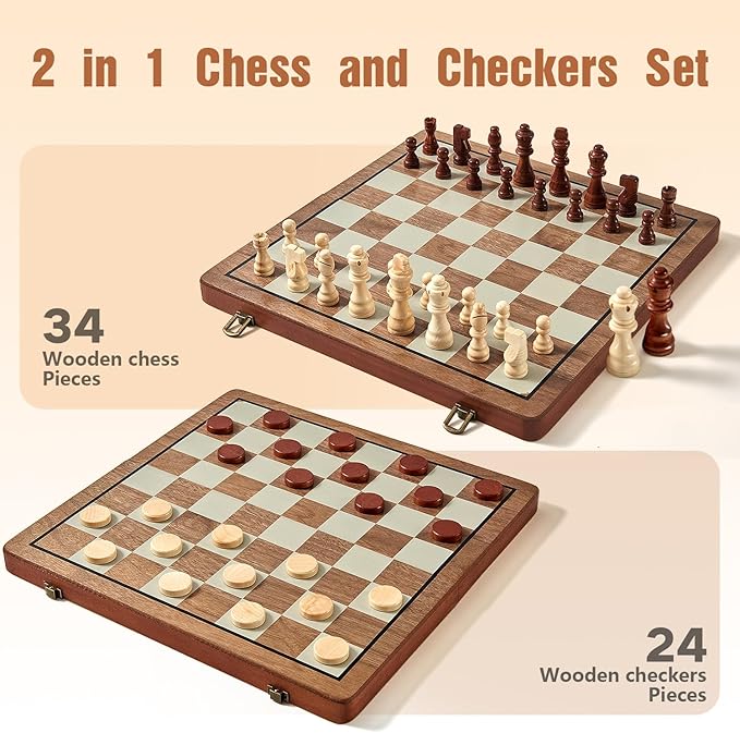 MerryPony 2 in 1 Magnetic Wooden Chess and Checkers Set 15 Foldable Chess set for Adults &amp Kids Chess Board with 2 Extra Queens Travel Chess Set with Pieces Storage Slots Ideal Chess for Begi