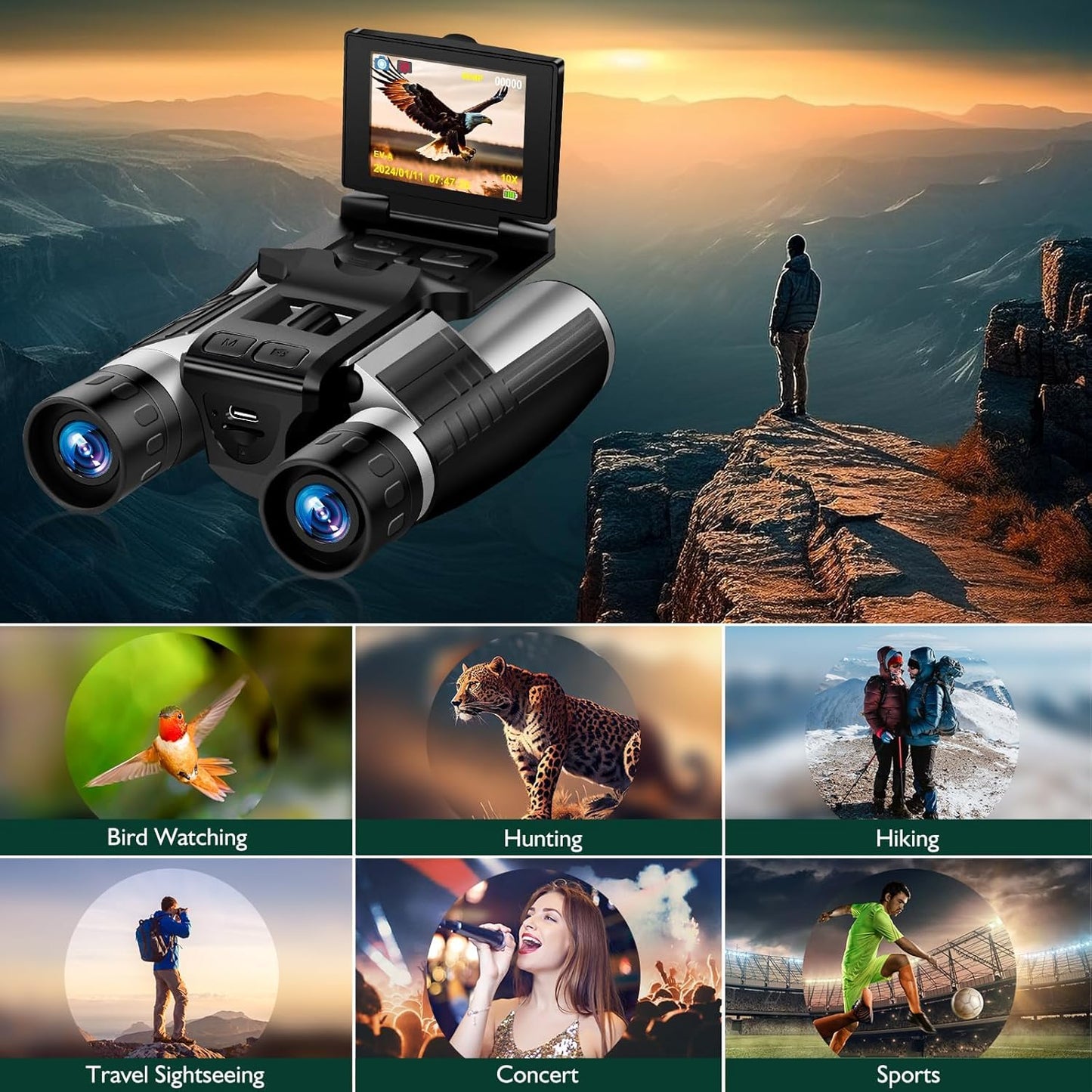 2-in-1 Digital Camera Binoculars for Adults, 12x32 HD with 2.4" LCD Display, 48MP & 2.5K Video Recording, 8X Digital Zoom for Bird Watching, Concerts, Travel 32GB