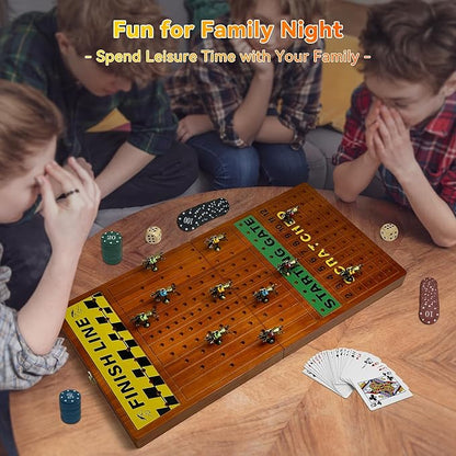 Large 23 inches Horse Race Board Game with Luxury Metal Numbered Horses 4 in 1 Foldable Wood Horse Race Board Game with Dice Poker Chips/Chess &amp Checkers/Tic Tac Toe for for Adults Family Parties