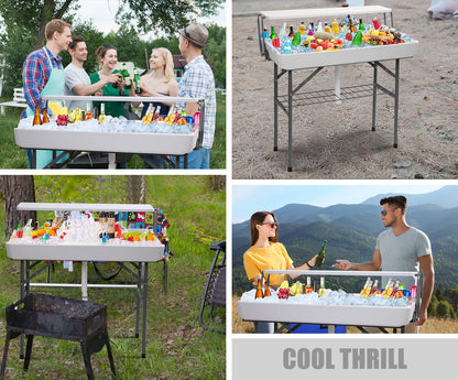 Nice C 4 ft Folding Ice Cooler Table, Party Cooler, Grazing Table, Tables with Drain, Bar Cooler Tables, with Matching Skirt, Storage Shelf (White)