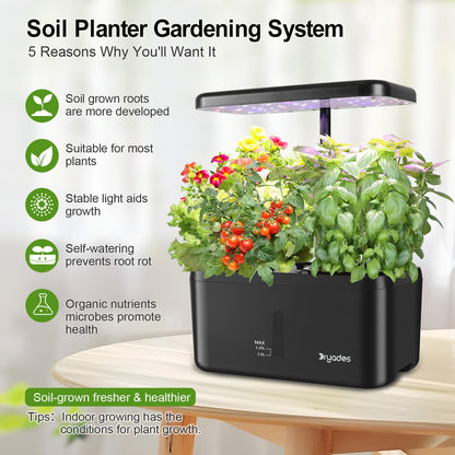 DRYADES Indoor Garden System with 19W LED Light, Self-Watering Pots, Medium Size, Black-a, Model Z224