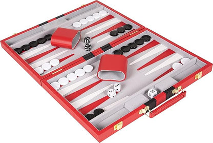 Premium Backgammon 15 Inches Medium Red - Backgammon Sets for Adults and Kids - Leatherette Back Gammon Board Game Set - Travel Backgammon Set Board Encased with Accessories
