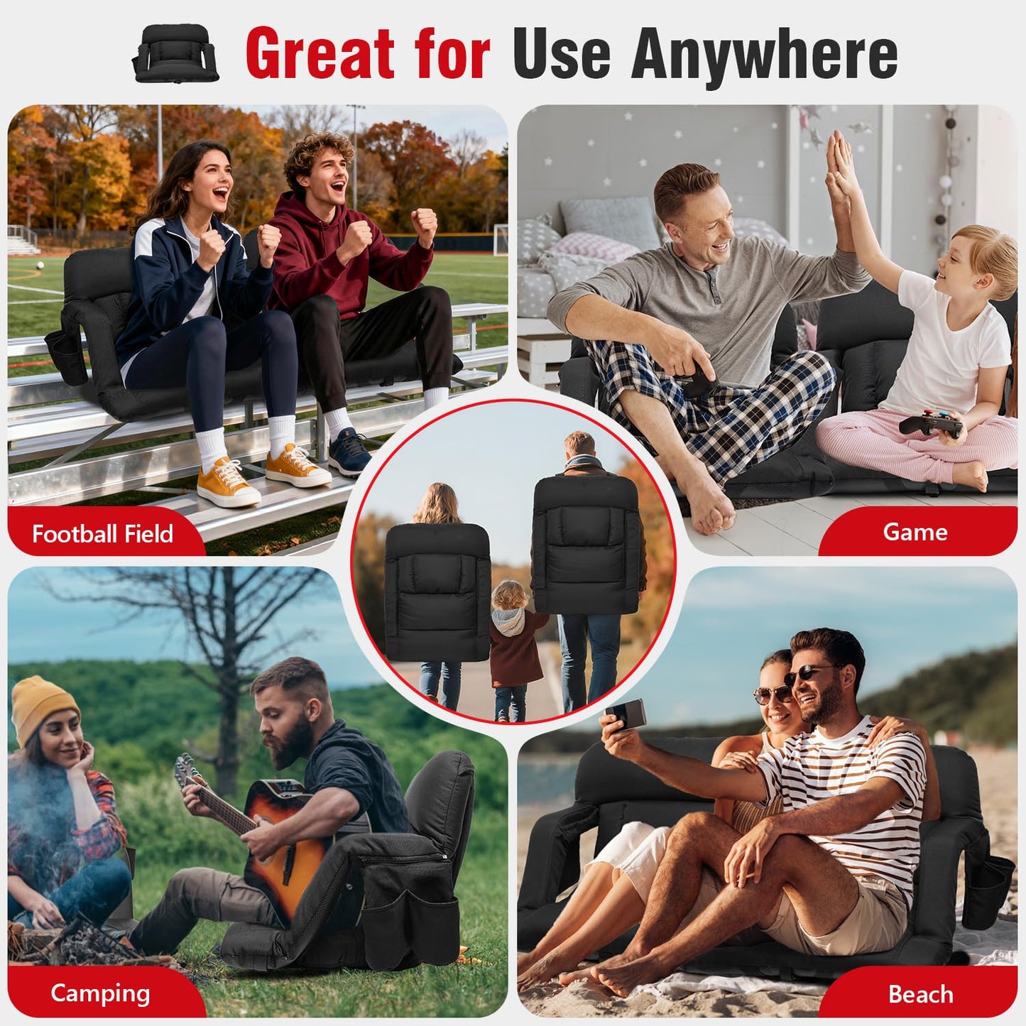 Suteck Wide Stadium Seats with Back Support 2 Pack, Portable Sofa Style Bleacher Chair with Back and Cushion, Armrest, 6 Reclining Positions Backpack Stadium Chair for Sports Events 23-Inch Wide