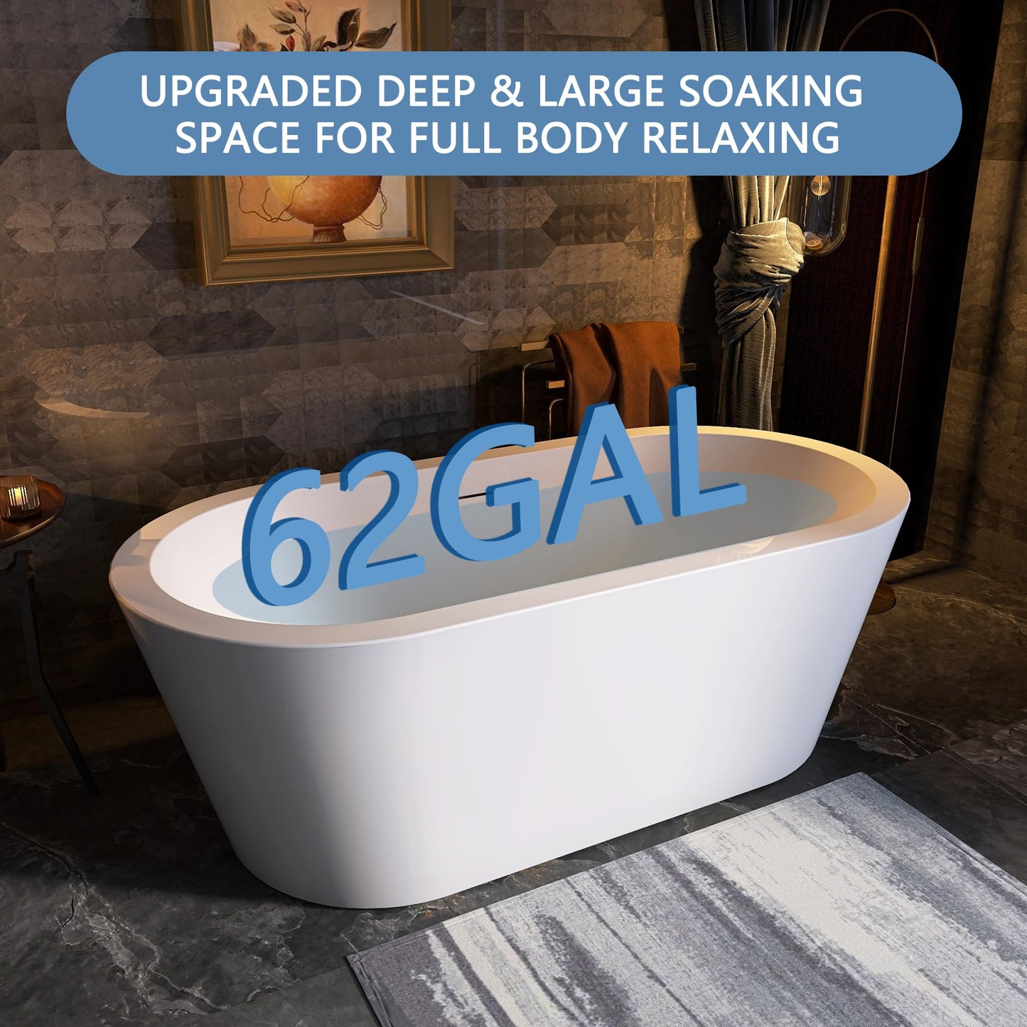 SYLONWILL 61 in. x 31 in.Classic Oval Acrylic Free Standing Tub, Heavy Duty Deep Soaking Tub, Bathroom Stand Alone Tub, Freestanding Bathtub SY1255 (Glossy White)