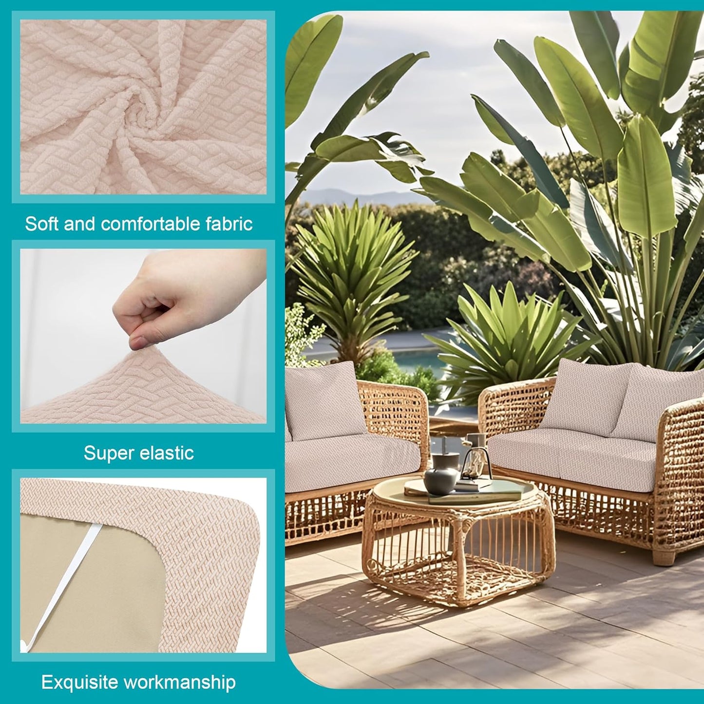 Skiennix 12-Piece Stretch Patio Cushion Covers - Washable Outdoor Sofa Slipcovers | Beige