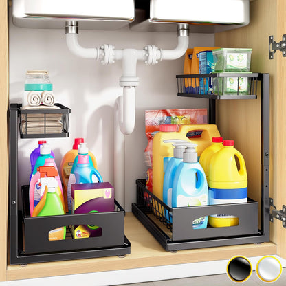 Under Sink Organizer by [Brand Name] - Adjustable 2-Tier Metal Storage Solution for Kitchen & Bathroom (Black, 2 Pack)