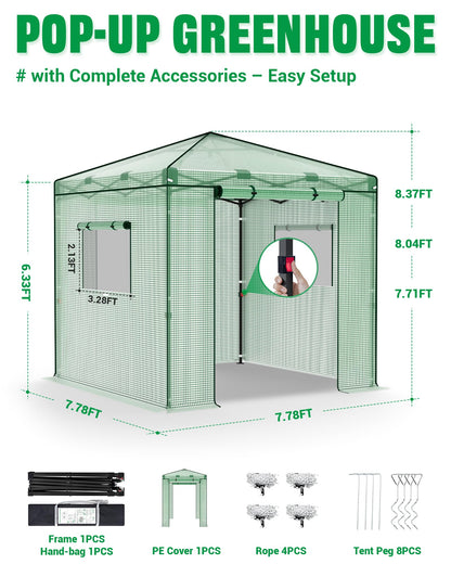 Acepic 8x8 Instant Pop up Greenhouses, Indoor Outdoor Portable Greenhouse Walk-in for All Season, Small Green House with Roll-Up Zipper Doors and Side Windows, 4 Sandbags, Pe Cover, Green/Clear