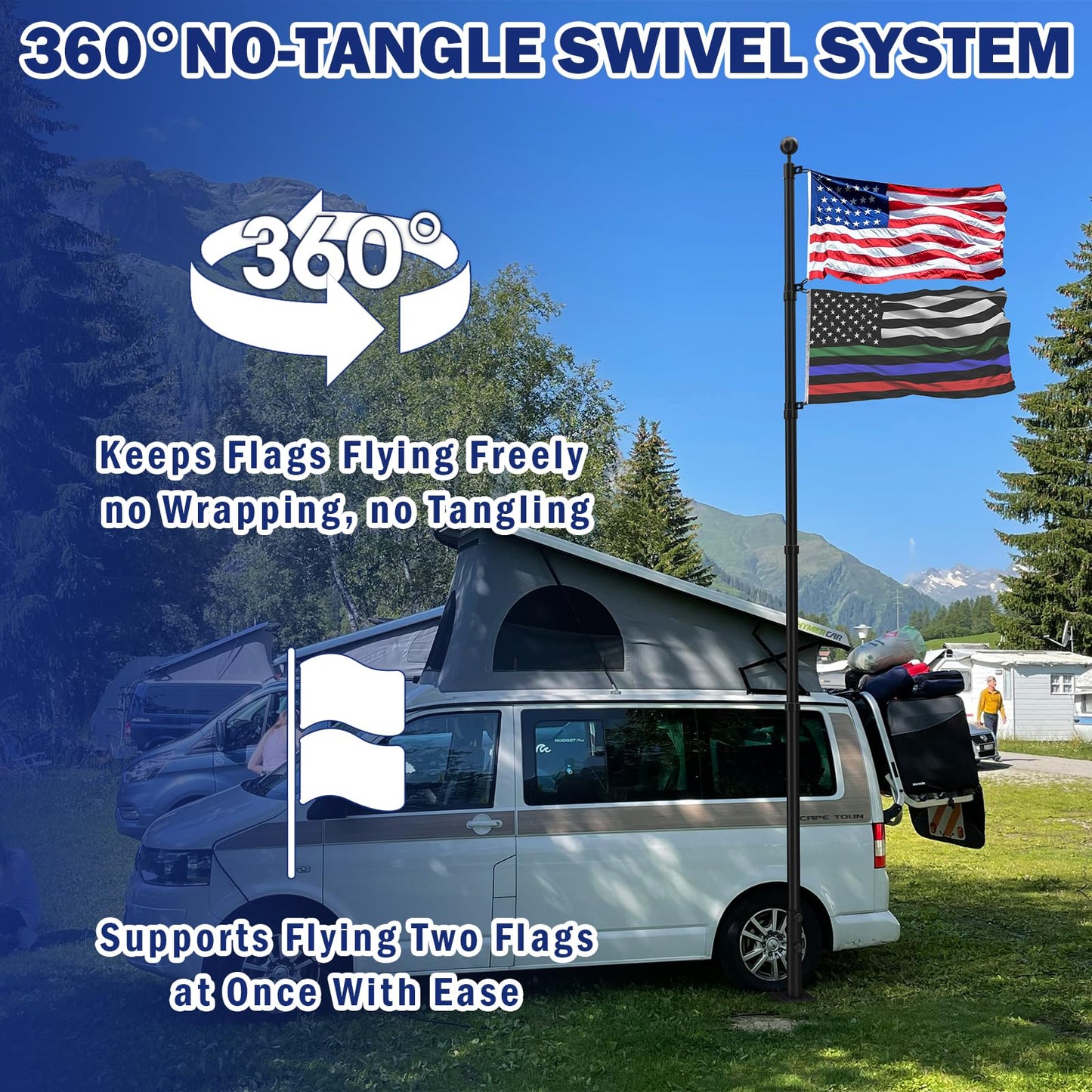 IIOPE 25FT RV Telescoping Flag Pole Kit, Heavy Duty 11-Gauge Aluminum Flagpole with Tire Mount Base, Portable Flag Kit for Camping, Tailgating, Trailer, and Outdoor Use