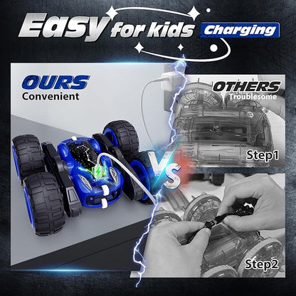Tecnock Remote Control Car 2.4GHz RC Cars with USB-C Easy Charging 4WD Double Sided 360° Rotates and Flips RC Stunt Car Toys Gift for Boys and Girls Ages 6-8 8-12