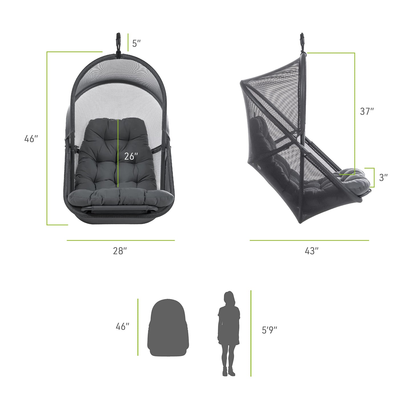 Greemotion Breeze Outdoor Foldable Mesh Fabric Hanging Chair Swing Hammock Egg Chairs UV Resistant with Base, 220 lbs Capacity for Patio Backyard, Balcony, Garden, Dark Gray