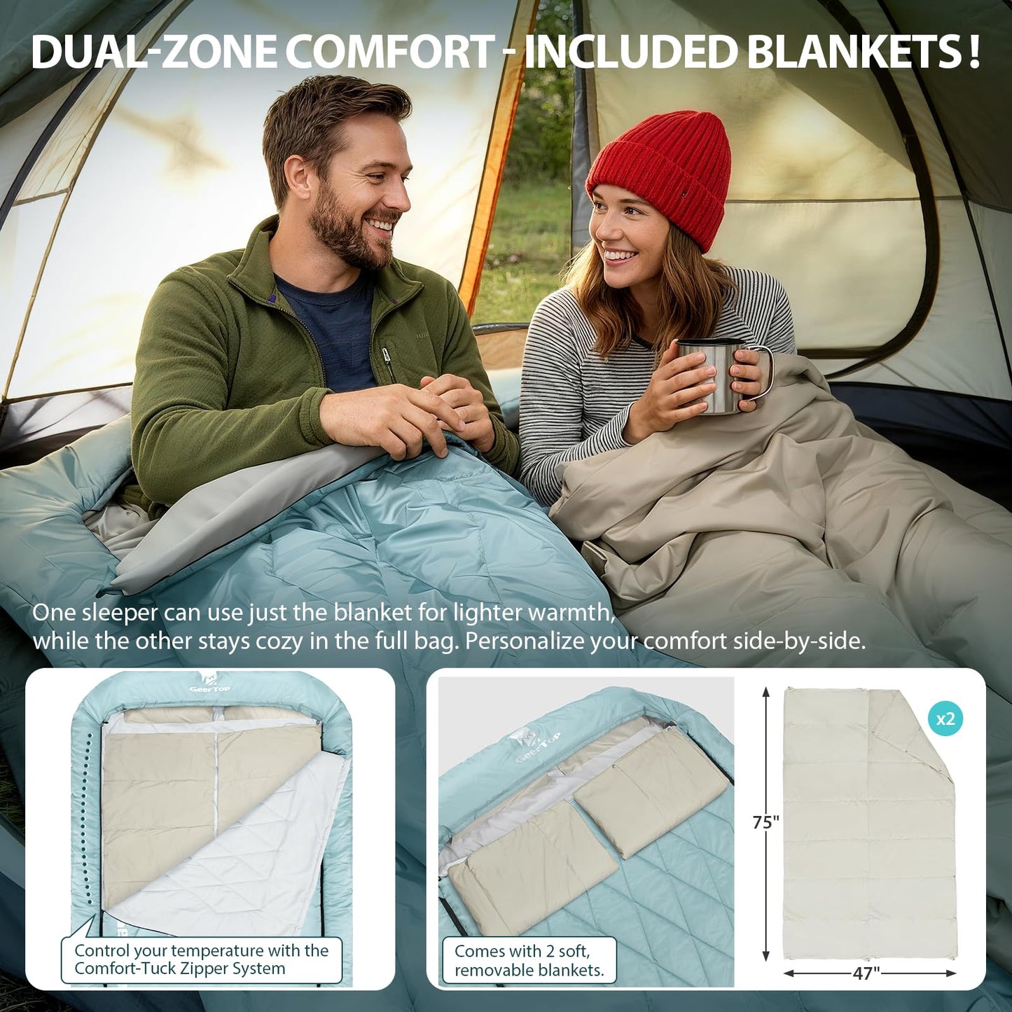 GEERTOP 2 Person Sleeping Bag with Dual Comfort Layer for Couples Adults - 4 Season Cold & Warm Weather Camping Hiking Backpacking Double Sleeping Bag