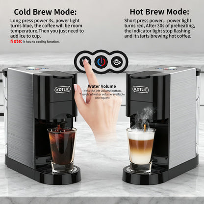 KOTLIE Espresso Coffee Machine,Single Serve Coffee Maker for K*CUP/NES* ORIGINAL/DOLC* GUS*O/ESE 44mm and GROUND COFFEE, 513HF （Black）