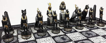 Egyptian Anubis Chess Set Black Silver and Gold Men with 16 Hieroglyphic Board