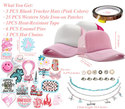 HEYTRCO Pink Western Trucker Hat DIY Kit, 3 Pink Mesh Foam Hats, 25 Patches, 3 Chains, 6 Pins, Heat-Resistant Tape for Custom Cowgirl Hats, Girls DIY Craft Set