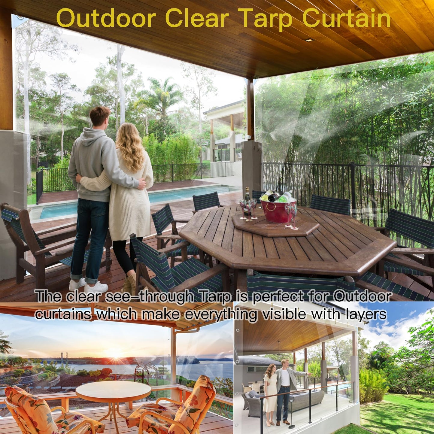 LC&QS Clear Tarps Heavy Duty PVC, Transparent Tarp Durable Waterproof Dustproof Windproof, Tarpaulin with Grommets & Ropes for Greenhouse, Patio, Garden, Pavilion, Chicken, Porch, Outdoor (10' x 12')