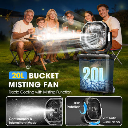 Ausic 5 Gal 12" Portable Misting Fan for Outside Patios, 30000mAh Outdoor Rechargeable Battery Oscillating Fan with Remote, Cooling Dugout Water Fan with Caster/LED Light/Timer, Camping Essential