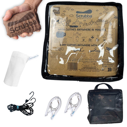 Scrubba Tactical Wash Bag & Dry Kit - Portable Washing Machine System with XL Towel, Pegless Clothesline & Hangers - Lightweight Travel Essentials Laundry Kit for Camping, Hiking, RV, Hotels